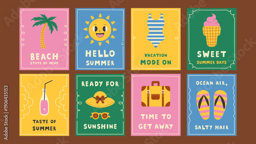 Summer Vacation Quote Posters Set. Bright Colorful Modern Summertime Holiday Banners and Cards collection with Motivational Phrases and Drawn Frames. Vector illustration