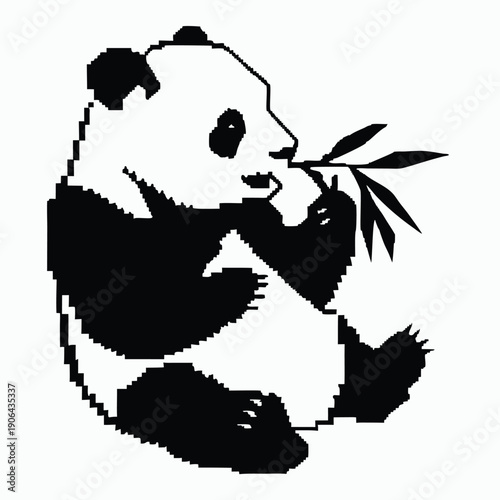 Pixel Art Panda Silhouette Consuming Bamboo, Black and White Minimalist Wildlife Design