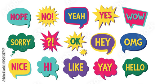 Colorful speech bubbles with various expressions are displayed