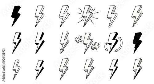 A collection of 20 unique lightning bolt icons in various styles and orientations