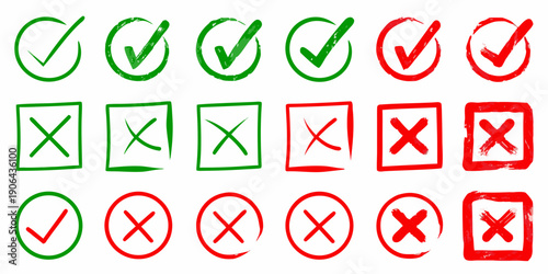 Collection of hand drawn check marks and x marks in red and green