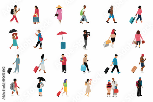 Collection of diverse flat design people with luggage and umbrellas