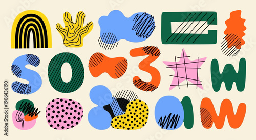 Colorful abstract illustration features various shapes and letters in a playful composition on a beige background with cvbnm reference.