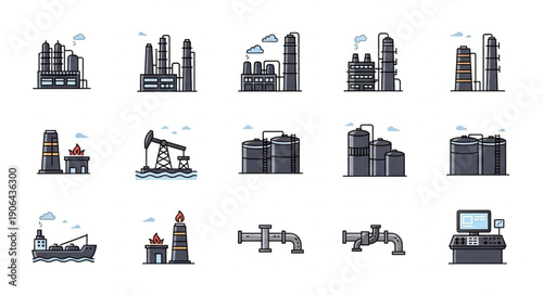 Collection of industrial factory and refinery icons and illustrations.