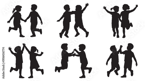 Silhouettes of children playing together, symbolizing joy, friendship, and activity.