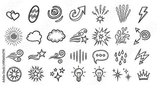 A collection of various abstract icons representing energy, emotions, and natural phenomena in a digital illustration.