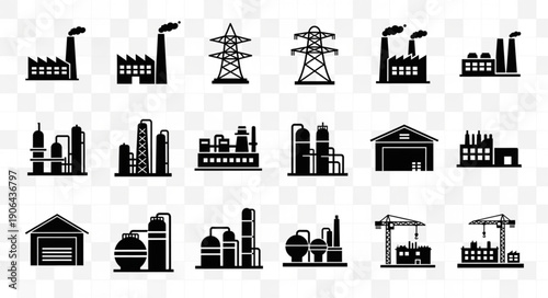 Collection of industrial factory and power line icons.