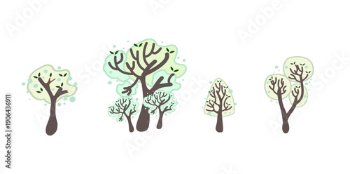 set of tree vector and leaf collection hand drawn flat design vector element for landscape design.