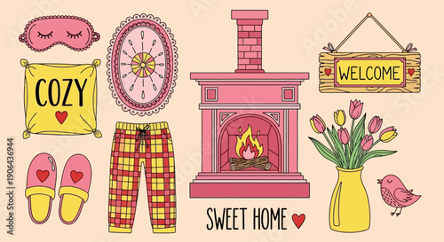 Cozy home interior with fireplace and decorations in warm colors