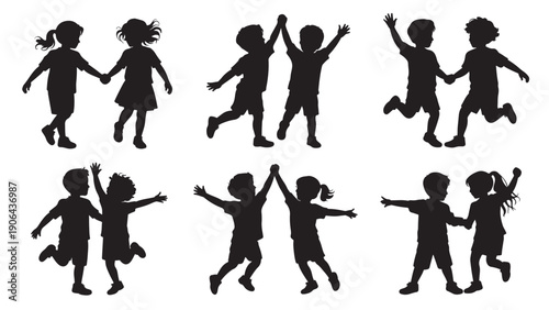 Silhouettes of children playing together, symbolizing joy, friendship, and activity.