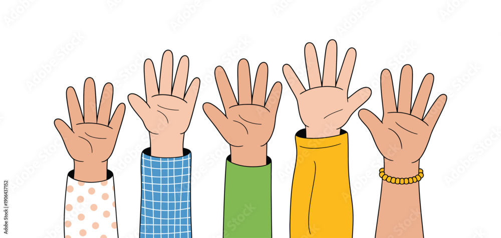 Fototapeta premium Diverse Raised Hands Cartoon Vector Depiction Of Teamwork Participation Collaboration