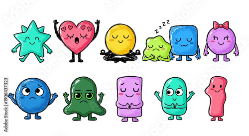 A colorful group of cartoon characters dancing and expressing emotions in a lively scene with various shapes and vibrant colors.