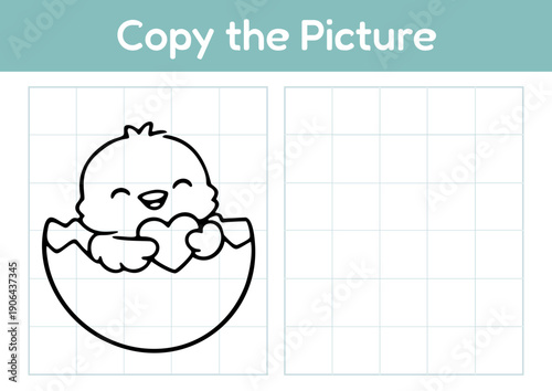 Cartoon chick hatching with hearts in coloring activity template