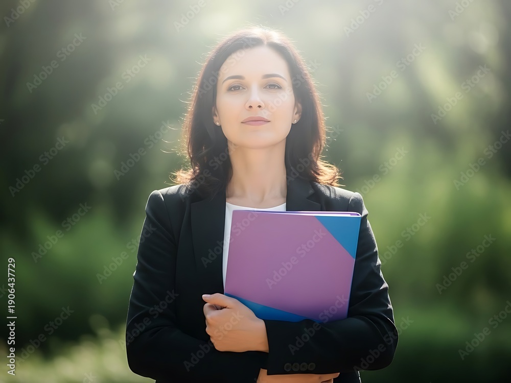 Fototapeta premium Woman standing confidently outdoors holding colorful documents in her hands