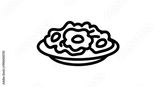 A minimalist black line icon of scrambled eggs on a plate simple food illustration
