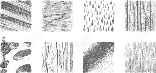 Eight monochrome textured patterns including diagonal lines rain drops wood grain and stippling grey