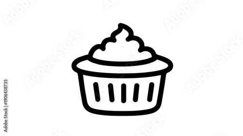 Minimalist black line icon of rising souffl in baking cup on white background for culinary themes