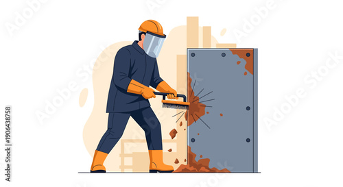 Construction worker using a tool on a metal surface.