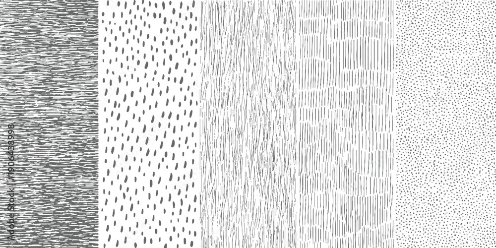 Fototapeta premium Five distinct abstract grayscale patterns side by side featuring horizontal lines dots vertical lines and speckles