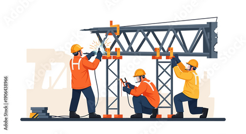 Construction workers assembling a large metal structure with welding equipment.