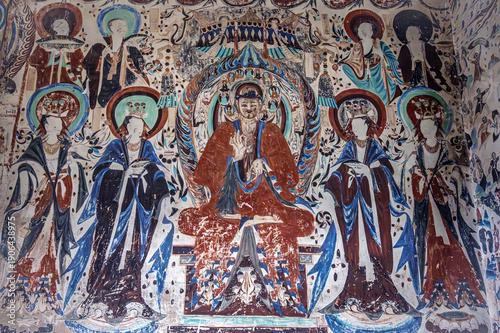 A close-up of the ancient Buddhist mural in the Mogao Caves of Dunhuang, China.