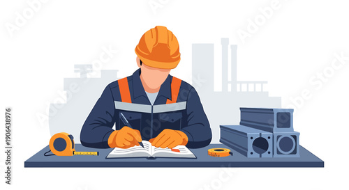 Construction worker writing in notebook at desk with tools.