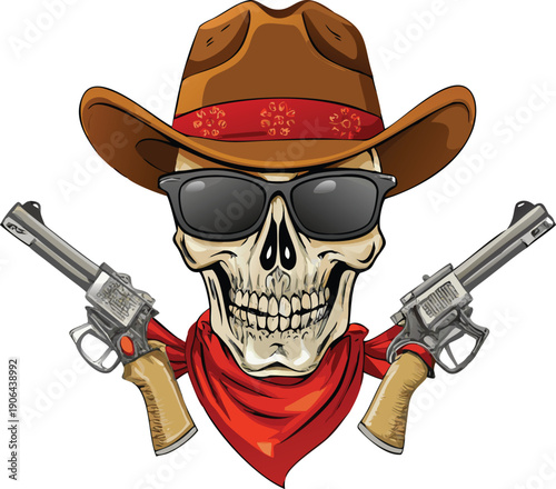 A skull wearing a cowboy hat sunglasses and bandanas with two revolvers