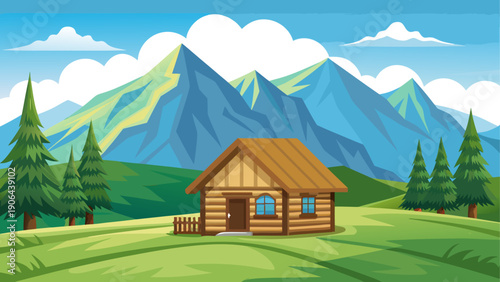 Minimal cartoon vector of a wooden cabin on a grassy hill with wide mountain view and clear sky flat simple design