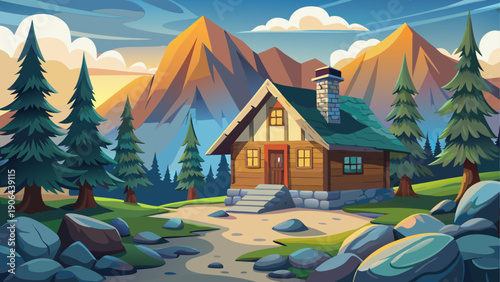 Cartoon vector of a stone mountain cabin surrounded by rocks and pine trees with soft light and flat clean illustration style