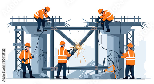 Construction workers building a bridge structure with welding and tools.