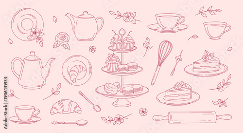 Delicate Hand-Drawn Sketch of Afternoon Tea and Pastries Collection with Floral Accents on a Soft Pink Background
