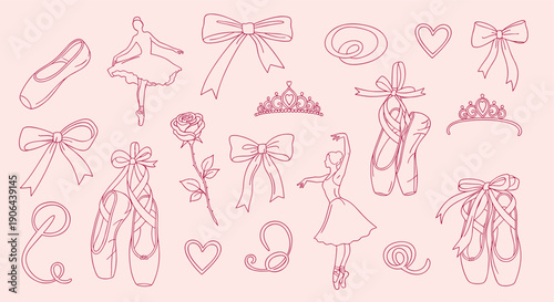 Whimsical Ballet Elements Collection Pointe Shoes, Tutus, Tiaras, and Bows in Delicate Rose Gold Outline on Soft Pink Background