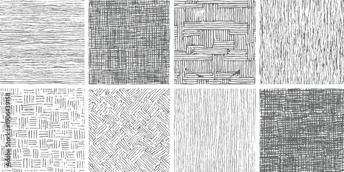 Eight distinct monochrome hand drawn line patterns featuring horizontal vertical and cross hatch textures