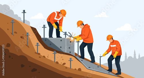 Construction workers reinforcing a steep slope with safety gear.