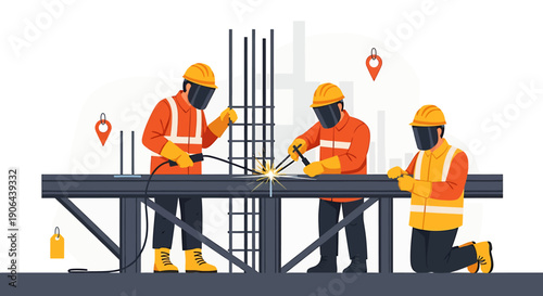 Construction workers welding metal beams at a building site.