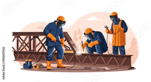 Construction workers welding metal beams on a bridge.