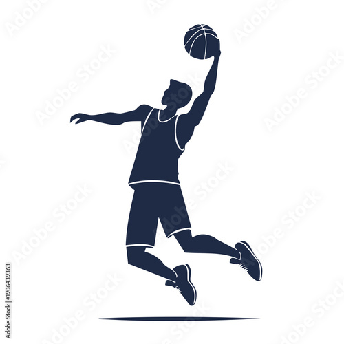 Male basketball player in mid-air, dunking the ball with dynamic movement and athleticism, illustrated in a dark blue silhouette.