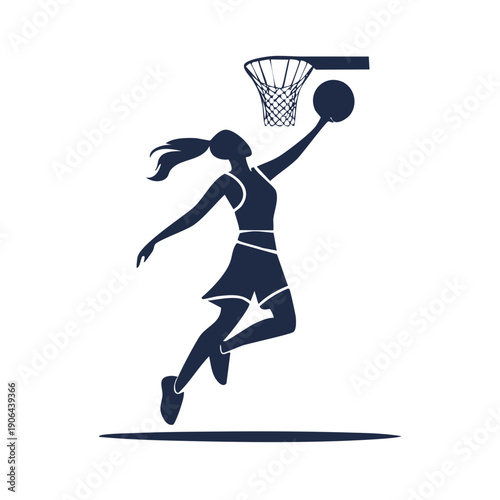 Female basketball player dunking ball into hoop with dynamic movement illustration