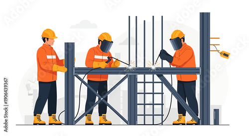 Construction workers welding metal beams on a building site.