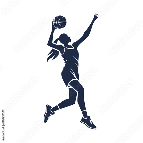 Female basketball player in mid-air, dunking ball with arm extended, dynamic sports illustration