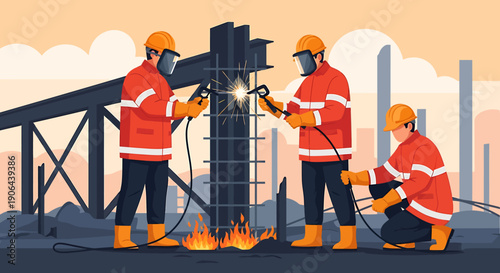 Construction workers welding metal beams on a building site.