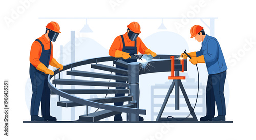 Construction workers welding metal structure for building stairs.