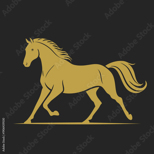 A gold illustration of a horse in motion against a dark background from a side viewpoint.