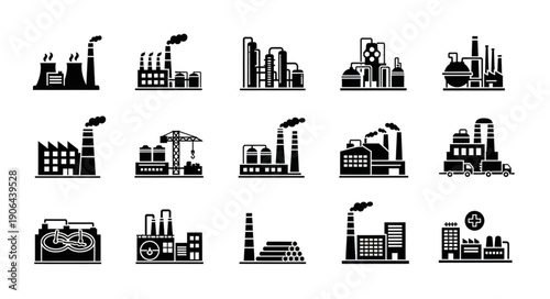 Collection of Industrial Factory Building Icons Vector Illustration.