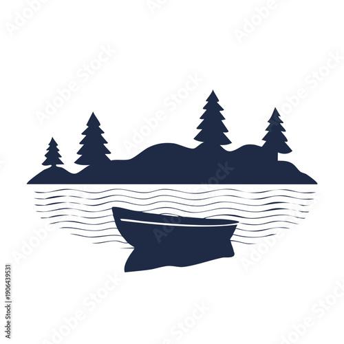 A serene lake scene with a boat floating on calm waters surrounded by trees and hills from a distant viewpoint