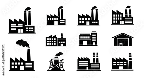 Collection of Industrial Factory Building Icons Vector Illustration.