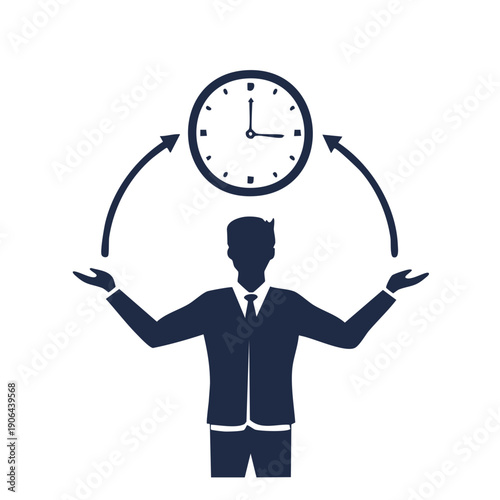 A businessman in suit balancing a large clock on his head with outstretched arms illustration