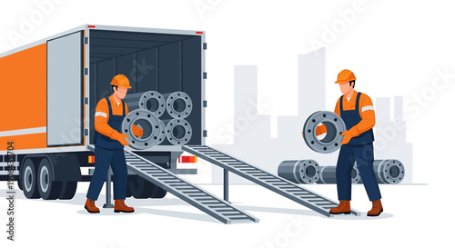 Two construction workers unloading heavy metal parts from a truck.