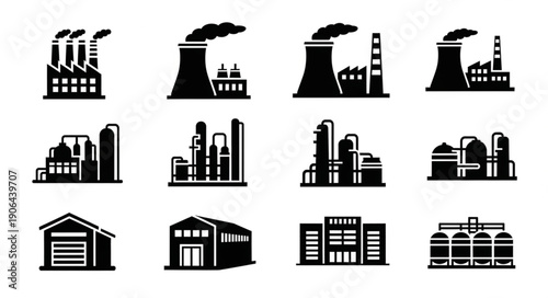 Collection of industrial factory building icons and silhouettes.