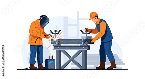 Two construction workers performing welding and assembly tasks.